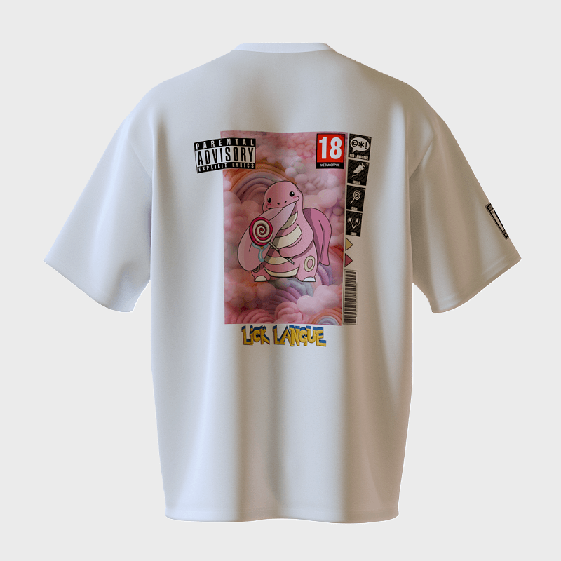t-shirt licklangue, collection pokegame, de la marque de vêtement metamorphe, face arrière, rose et blanc