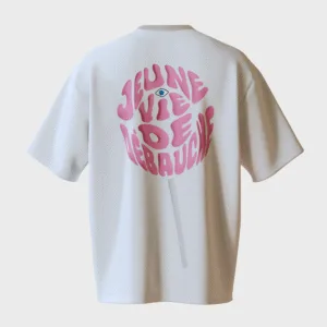 T-shirt blanc et rose, jeune vie de débauche, de dos, de la collection ame perdue, de la marque metamorphe, impression puff