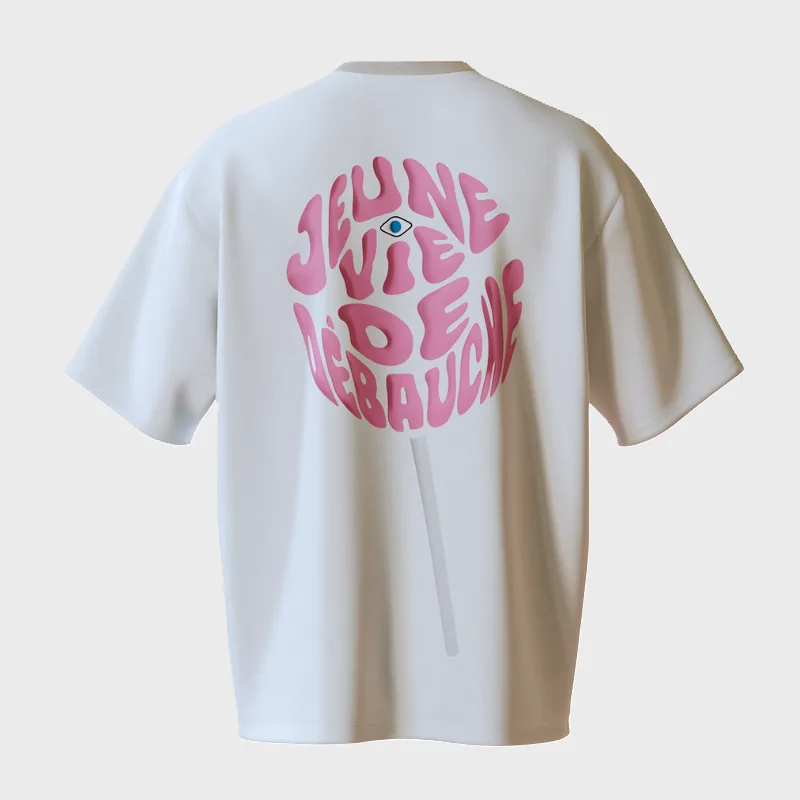 T-shirt blanc et rose, jeune vie de débauche, de dos, de la collection ame perdue, de la marque metamorphe, impression puff