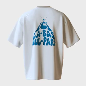 T-shirt de la marque metamorphe, collection ame perdue, bleu et blanc, ici la-bas nul part, impression puff